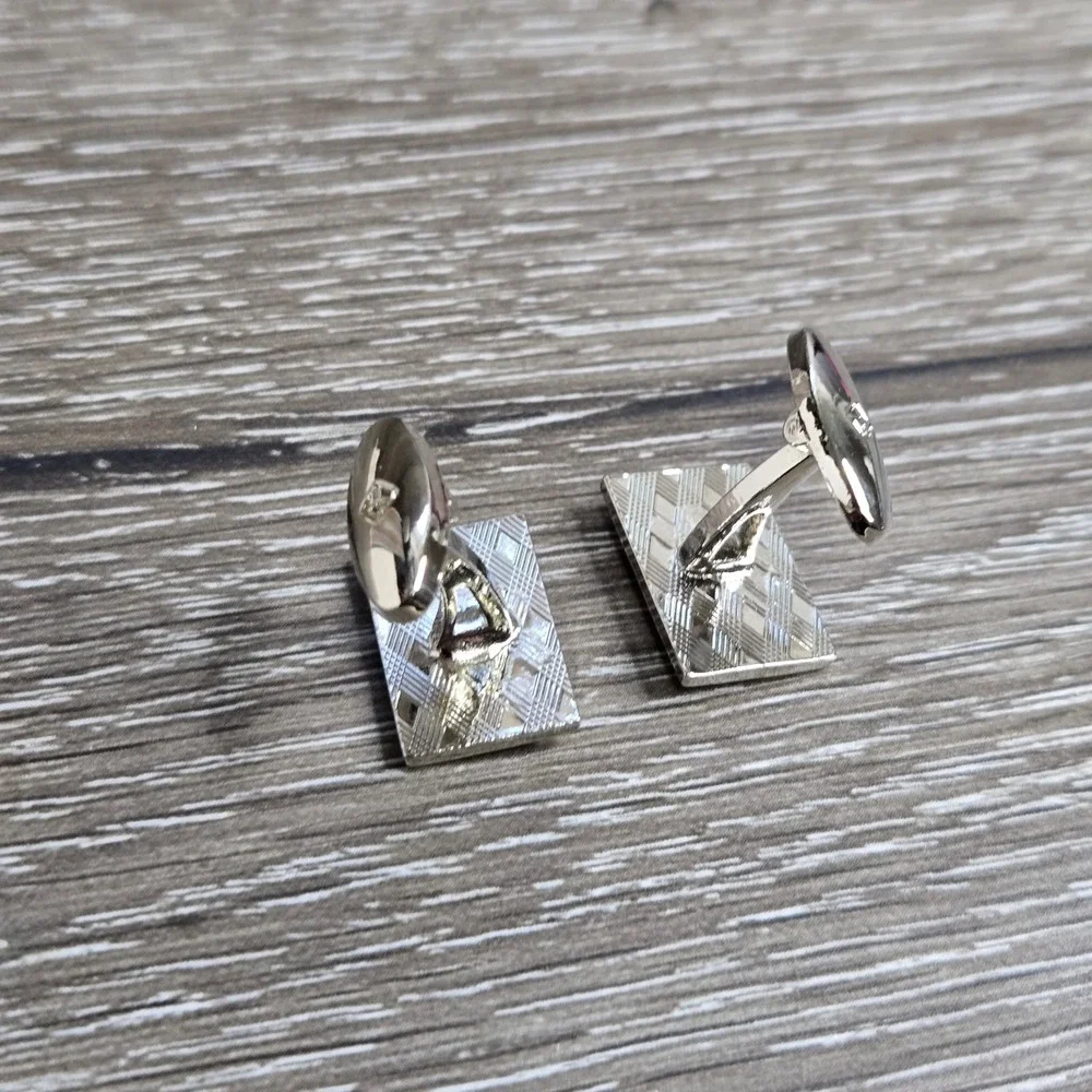 Vintage Men's Silver Tone Fish Motif Rectangular Cufflinks Bullet Back Jesus